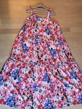 Source Unknown Pink Floral Maxi Dress with Blue and Black Accents